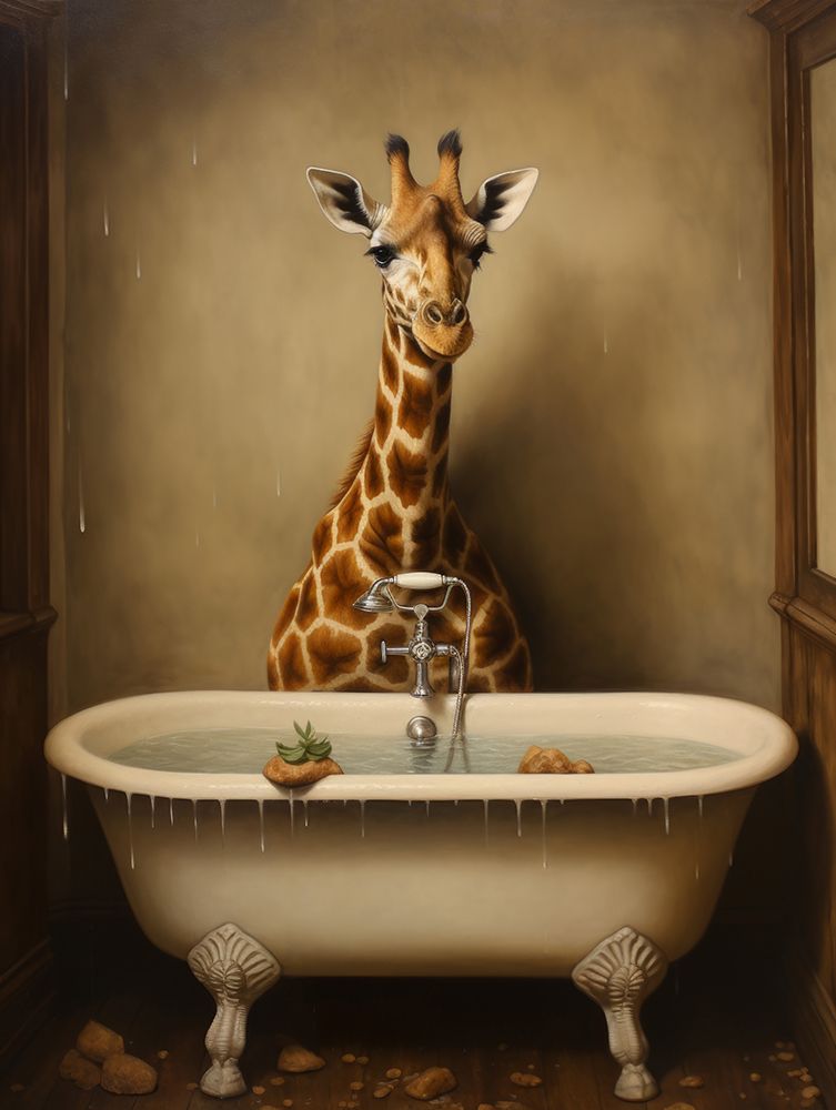 Giraffe In Bathroom 3 art print by Bilge Paksoylu for $57.95 CAD
