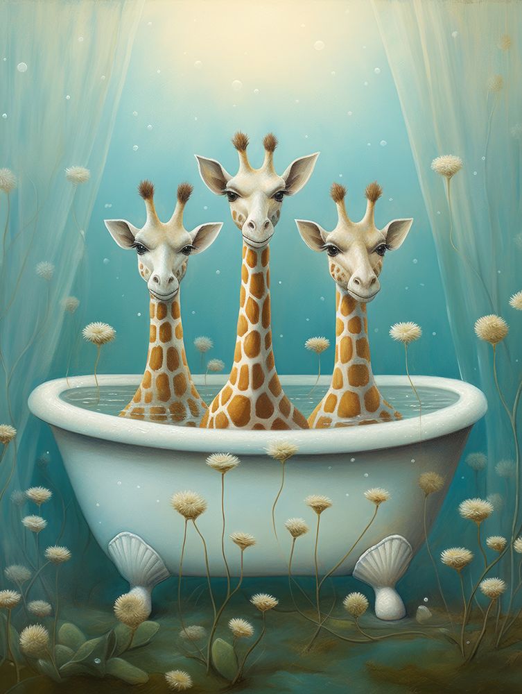 Giraffe In Bathroom art print by Bilge Paksoylu for $57.95 CAD