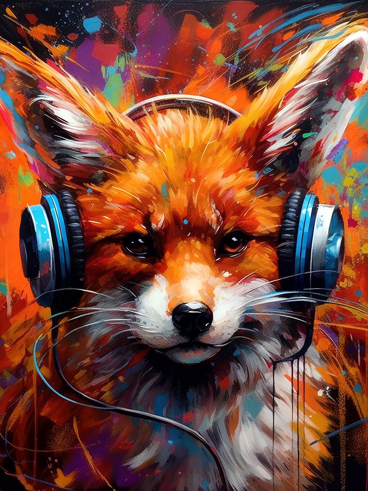 Fox With Headphones animal art print by Justyna Jaszke for $57.95 CAD