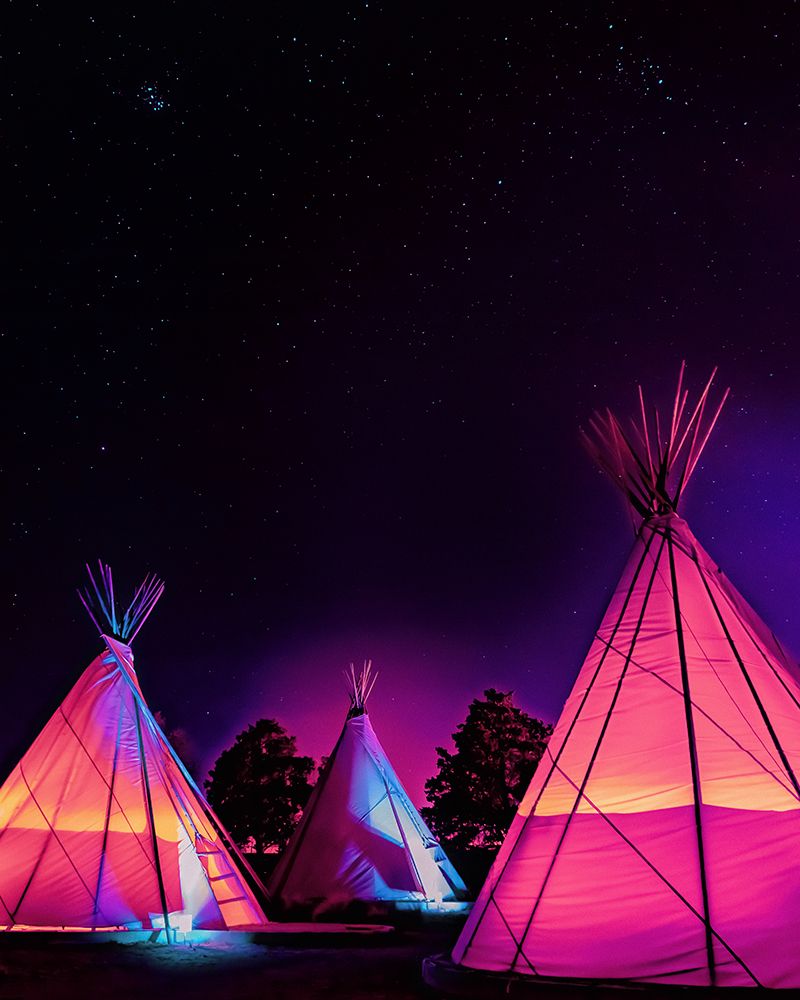 Vaporwave Teepees Glowing at Night Under Stars In Marfa Texas art print by Tom Windeknecht for $57.95 CAD