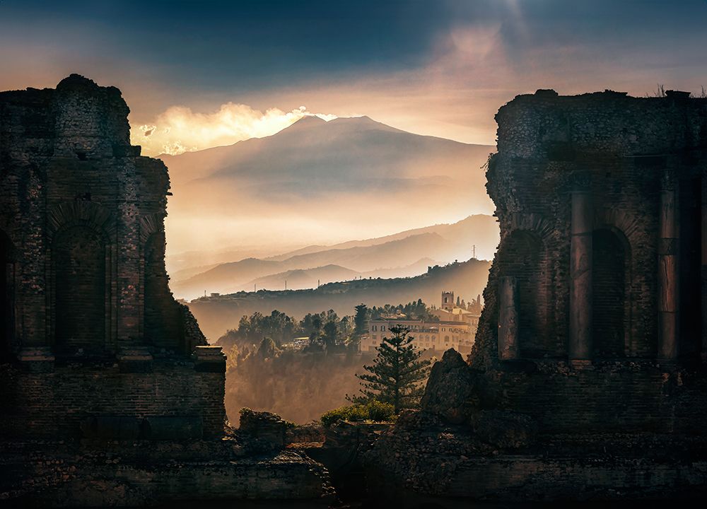 Volcano on ancient ruins art print by David Guo for $57.95 CAD