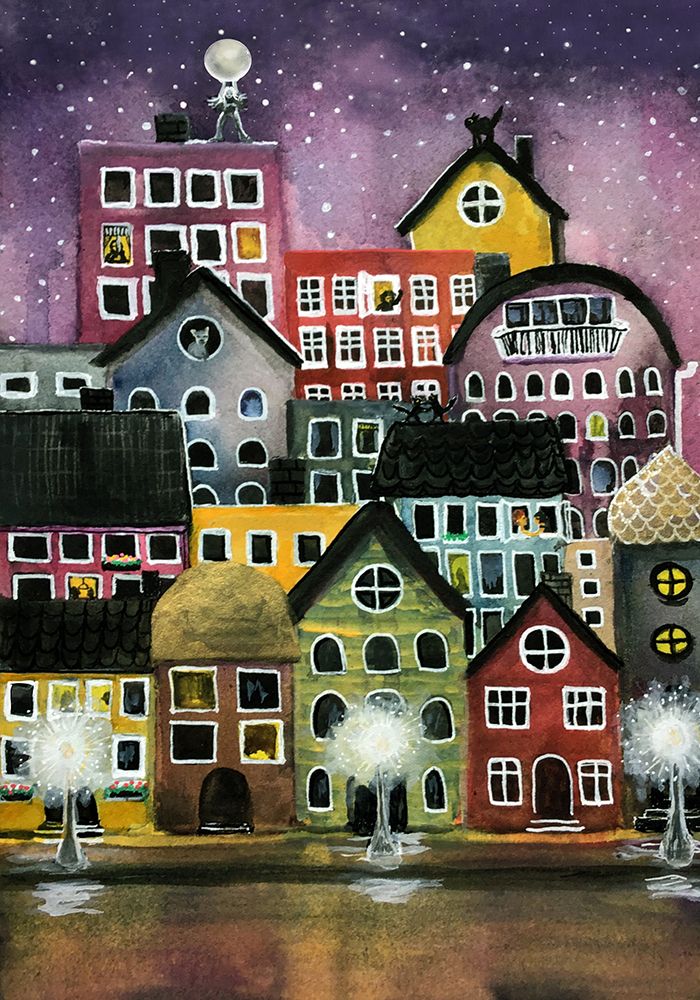 Small town in the evening art print by Monica Lindblom for $57.95 CAD