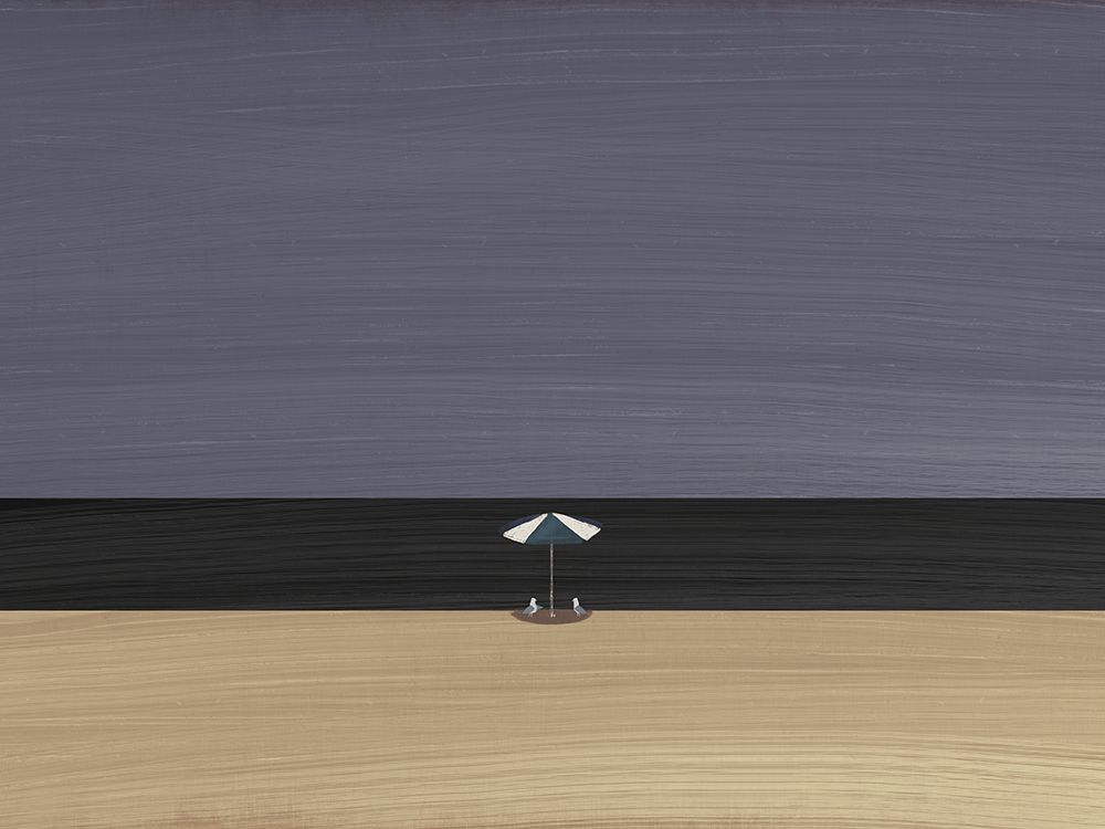 Seagull under beach umbrella art print by Little Dean for $57.95 CAD
