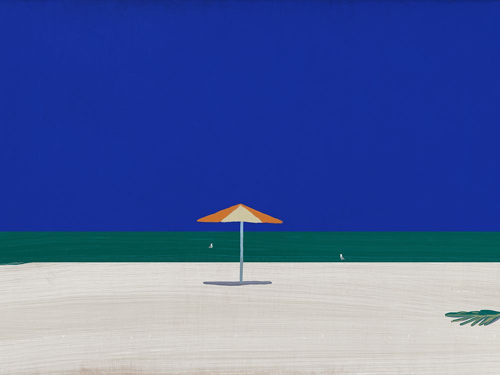 Seagull and beach umbrella 02 art print by Little Dean for $57.95 CAD