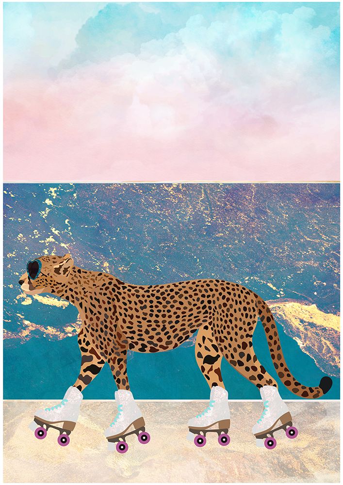 Cheetah Rollerskating on the beach art print by Sarah Manovski for $57.95 CAD