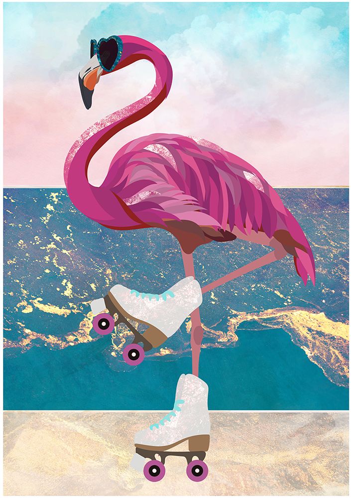 Flamingo rollerskating on the beach art print by Sarah Manovski for $57.95 CAD