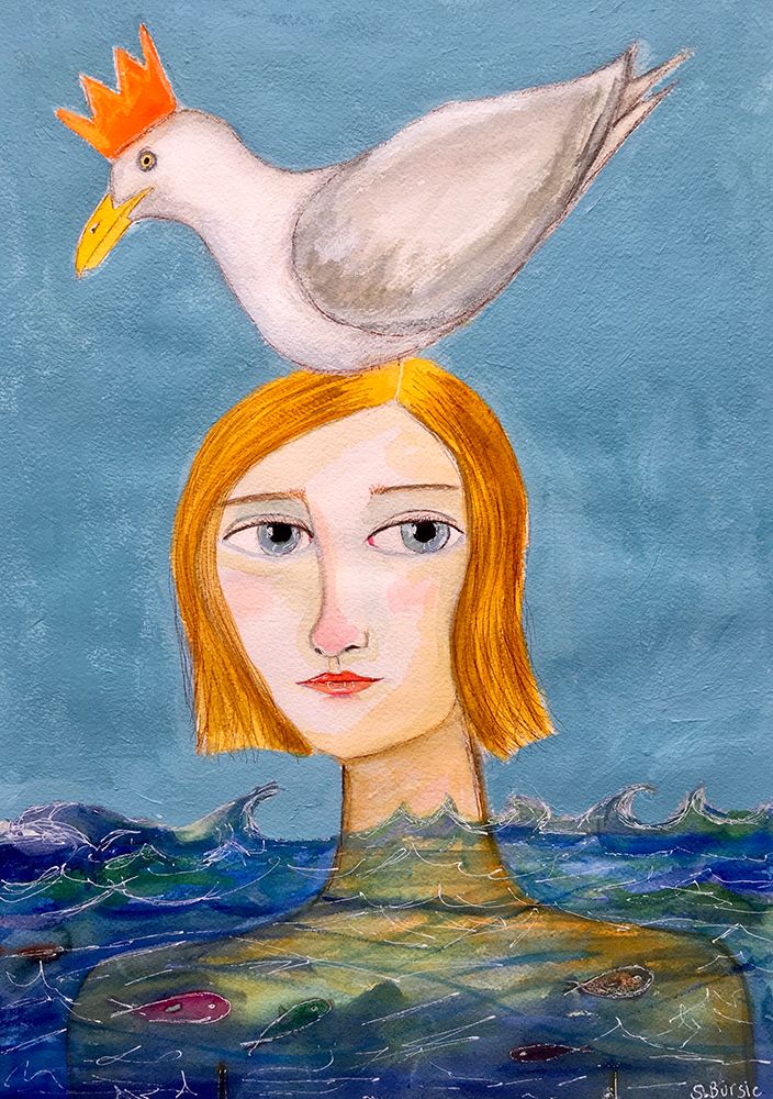 Lady swimmer with seagull art print by Sharyn Bursic for $57.95 CAD