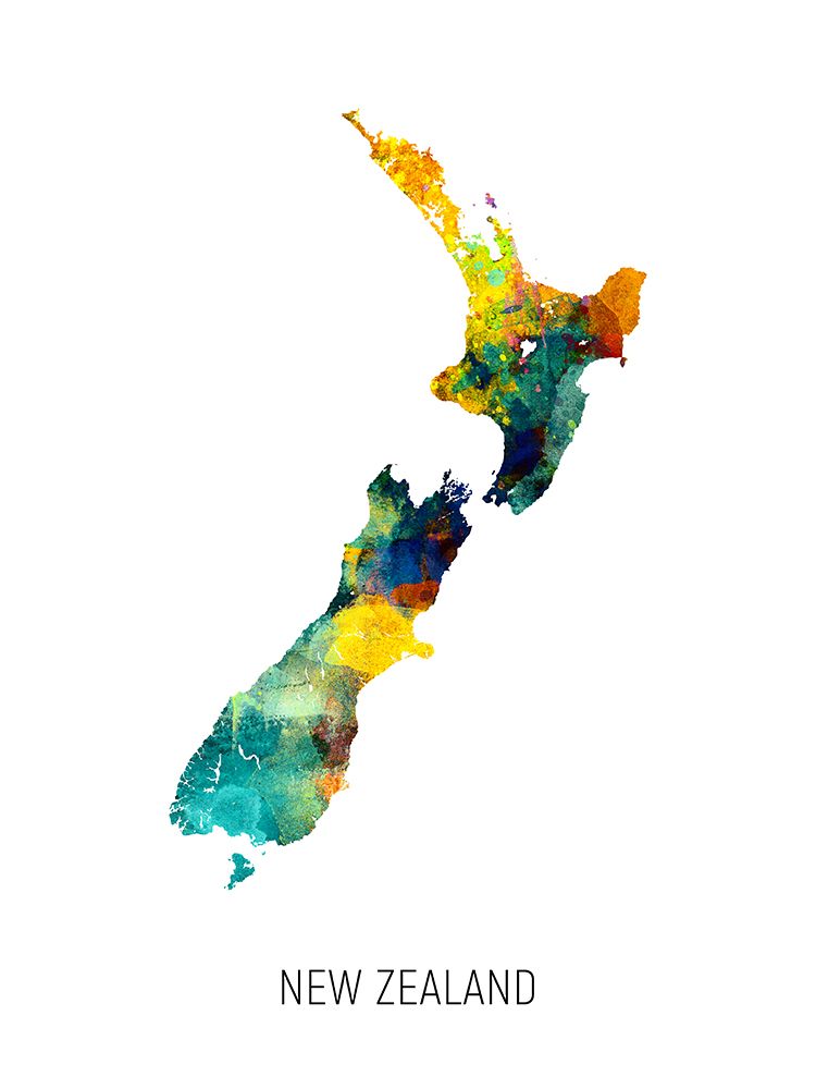 New Zealand Watercolor Map art print by Michael Tompsett for $57.95 CAD
