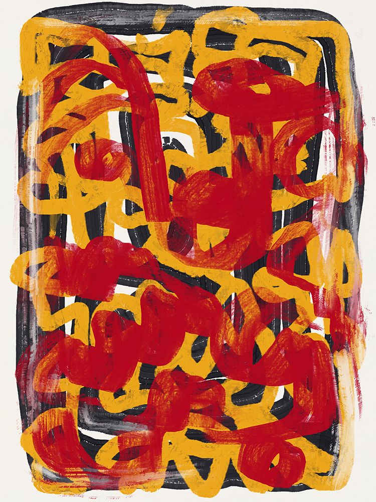 Yellow dotted line art abstract red overlay art print by Little Dean for $57.95 CAD