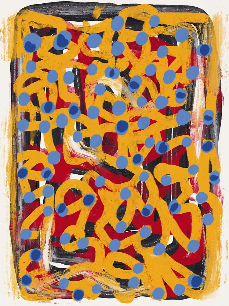Yellow dotted line art abstract blue polka dot art print by Little Dean for $57.95 CAD