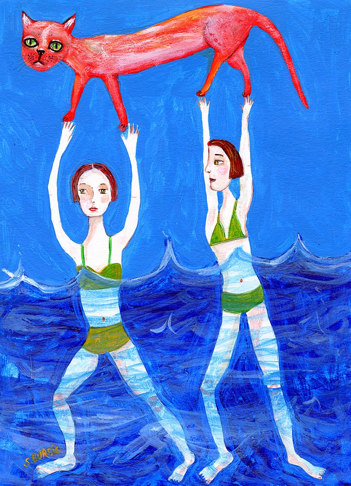 Two swimmers with pink cat art print by Sharyn Bursic for $57.95 CAD