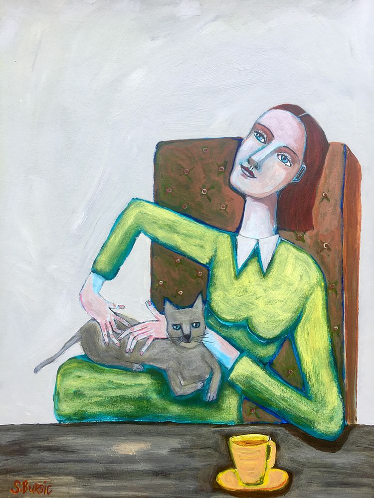 Lady tickling grey cat in chair art print by Sharyn Bursic for $57.95 CAD