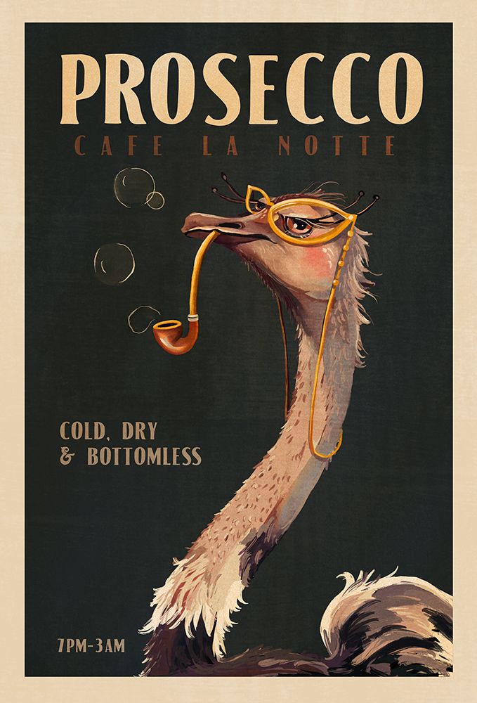 Cute Art Deco Prosecco Poster Of An Ostrich art print by The Whiskey Ginger for $57.95 CAD
