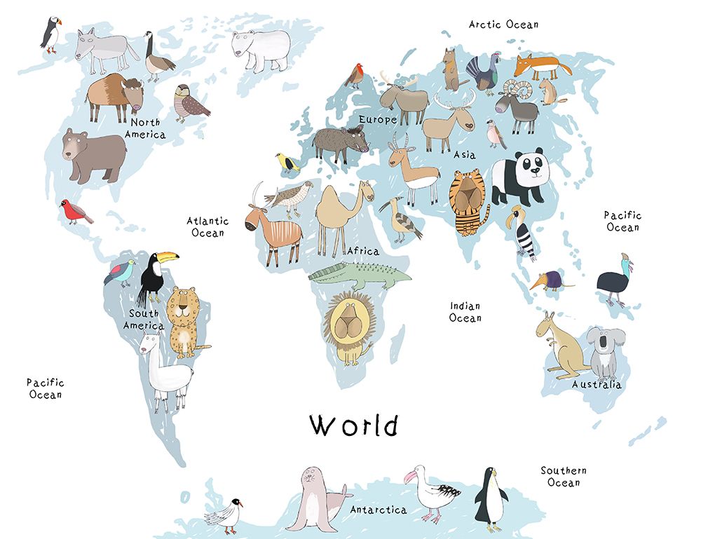 Illustrated Map of the World with Cute Animals art print by Carla Daly for $57.95 CAD