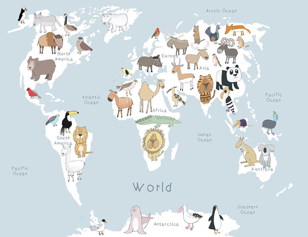 Illustrated Map of the World with Cute Animals art print by Carla Daly for $57.95 CAD