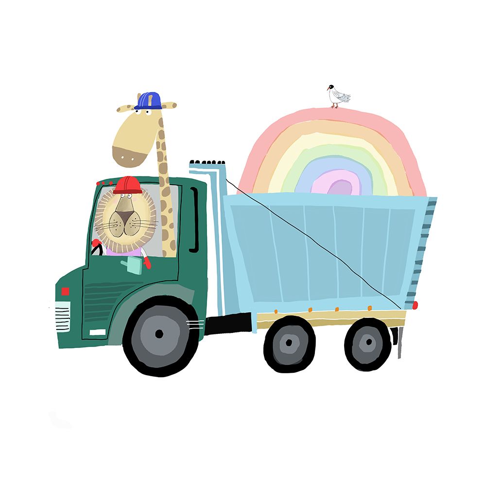 Lion a Giraffe in Construction Truck with Rainbow art print by Carla Daly for $57.95 CAD