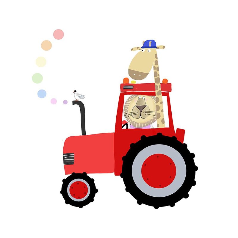 Giraffe and Lion in Red Tractor with Rainbow Spots by Carla Daly art print by Carla Daly for $57.95 CAD