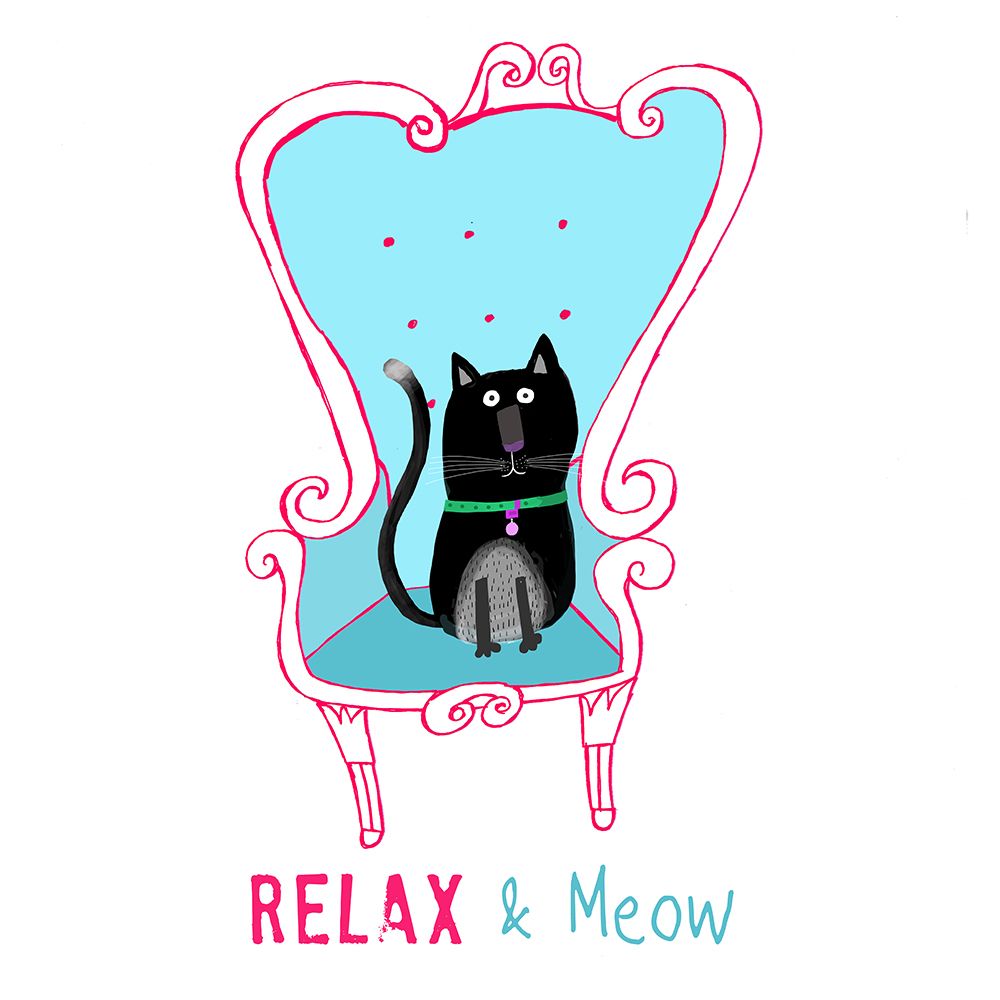 Relax and Meow! Funny Black Cat Sitting on a Armchair art print by Carla Daly for $57.95 CAD