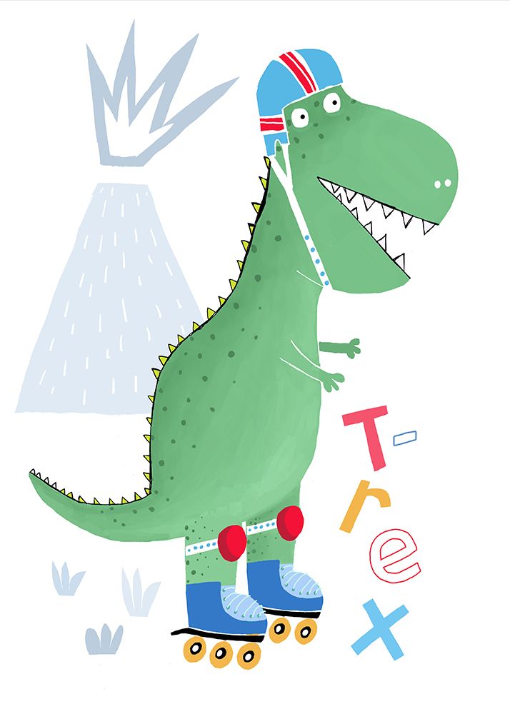 Funny T-Rex on Rollerblades with Volcano by Artist Carla Daly art print by Carla Daly for $57.95 CAD