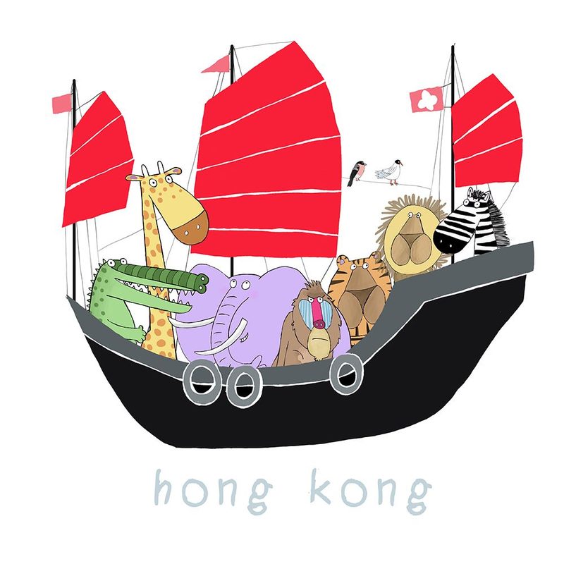 Jungle Animals Travelling in a Junk Boat in Hong Kong by Carla Daly art print by Carla Daly for $57.95 CAD