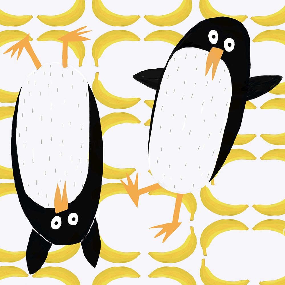 Funny Penguins with Banana Pattern Background by Carla Daly art print by Carla Daly for $57.95 CAD
