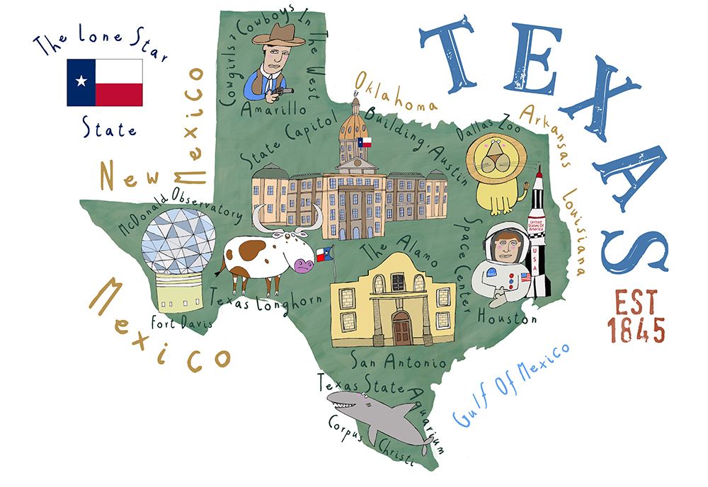 Texas State Map by Illustrated by Artist Carla Daly art print by Carla Daly for $57.95 CAD