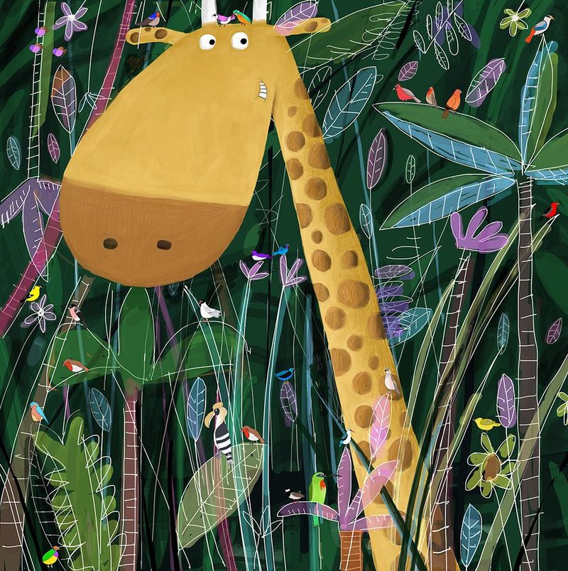 Cute Giraffe Peeks Out of the Jungle by Artist Carla Daly art print by Carla Daly for $57.95 CAD