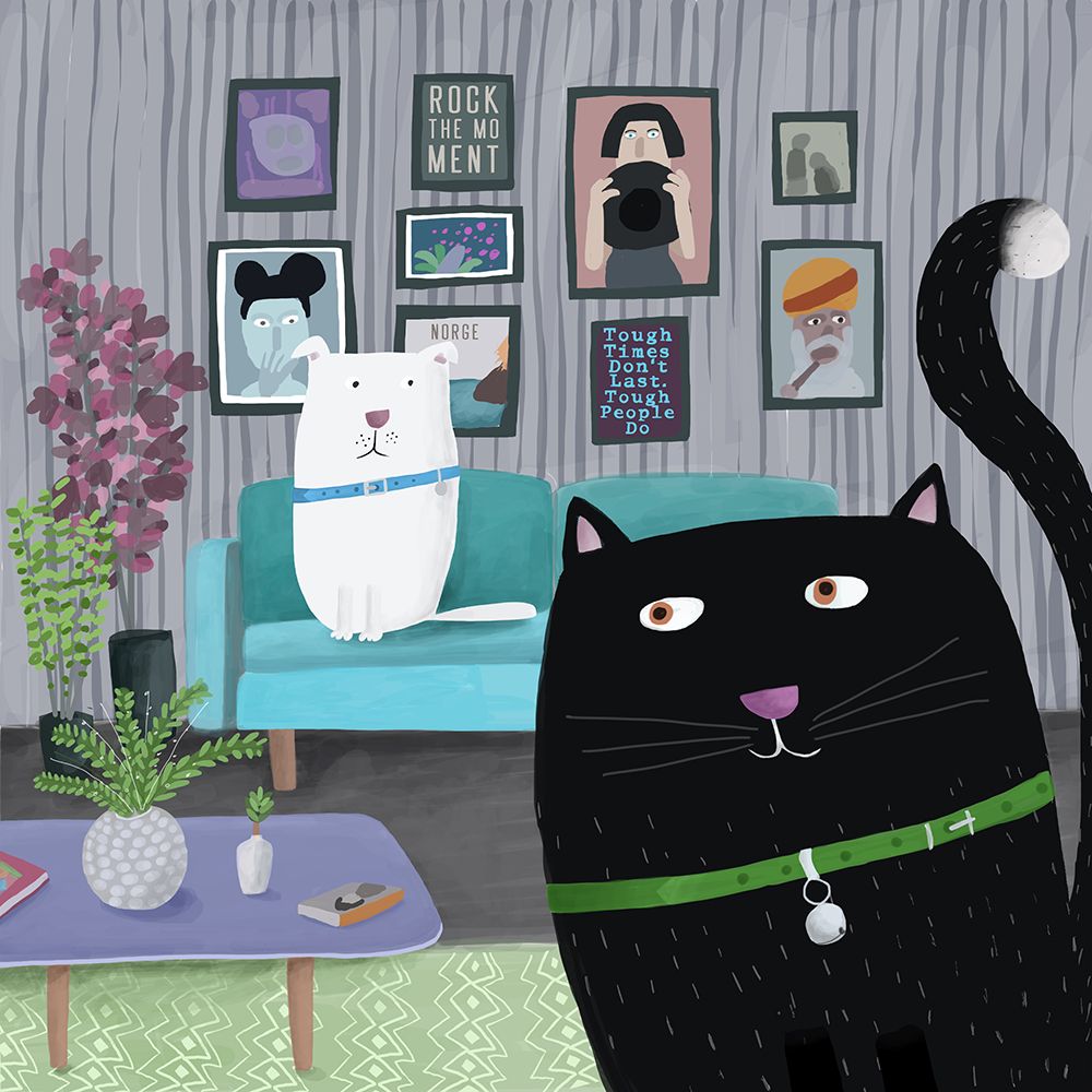 Black Cat and White Dog in Trendy Interior by Carla Daly art print by Carla Daly for $57.95 CAD