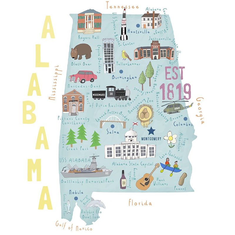 Beautiful Southern State of Alabama by Illustrator Carla Daly art print by Carla Daly for $57.95 CAD