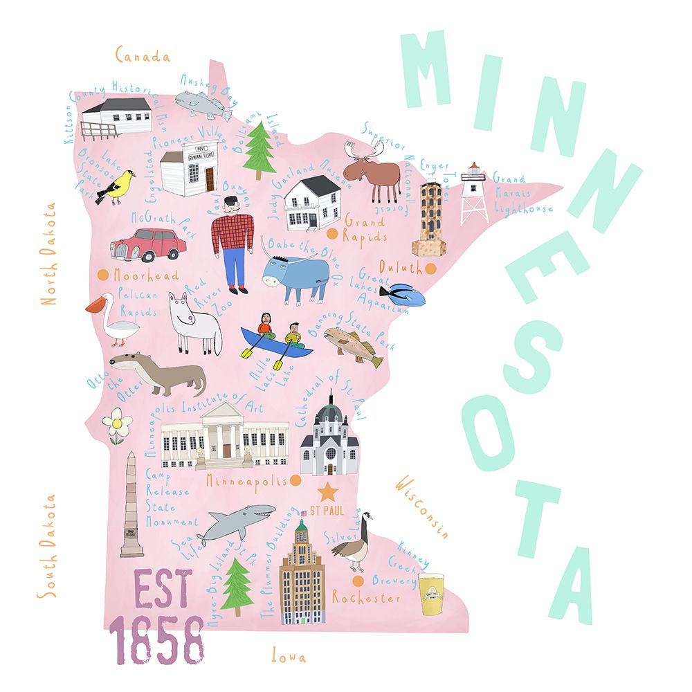 Minnesota Map Illustration with State Icons by Carla Daly art print by Carla Daly for $57.95 CAD