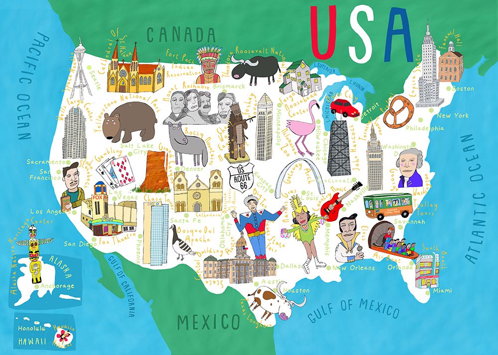 Illustrated Map of the USA by Artist Carla Daly art print by Carla Daly for $57.95 CAD