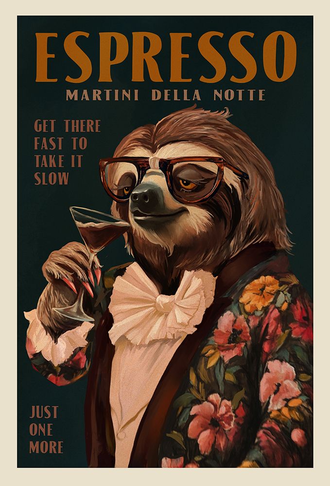 Art Deco Espresso Martini Drinking Sloth art print by The Whiskey Ginger for $57.95 CAD