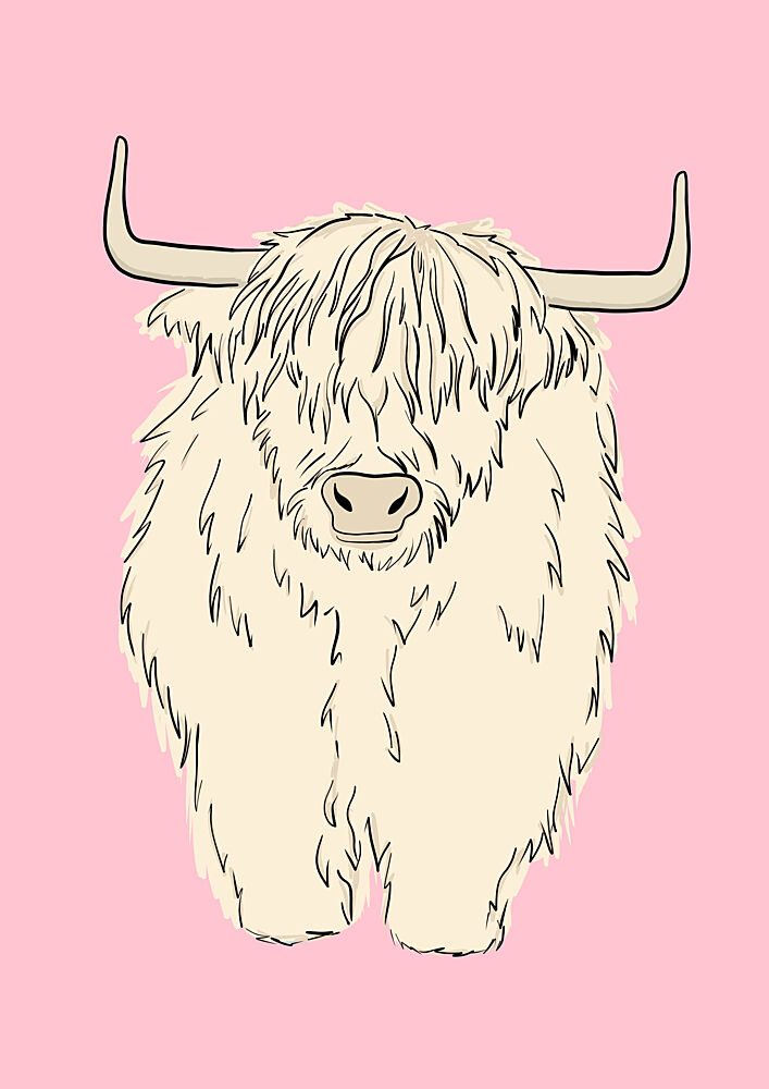 Pink Highland Coo art print by Bainai for $57.95 CAD