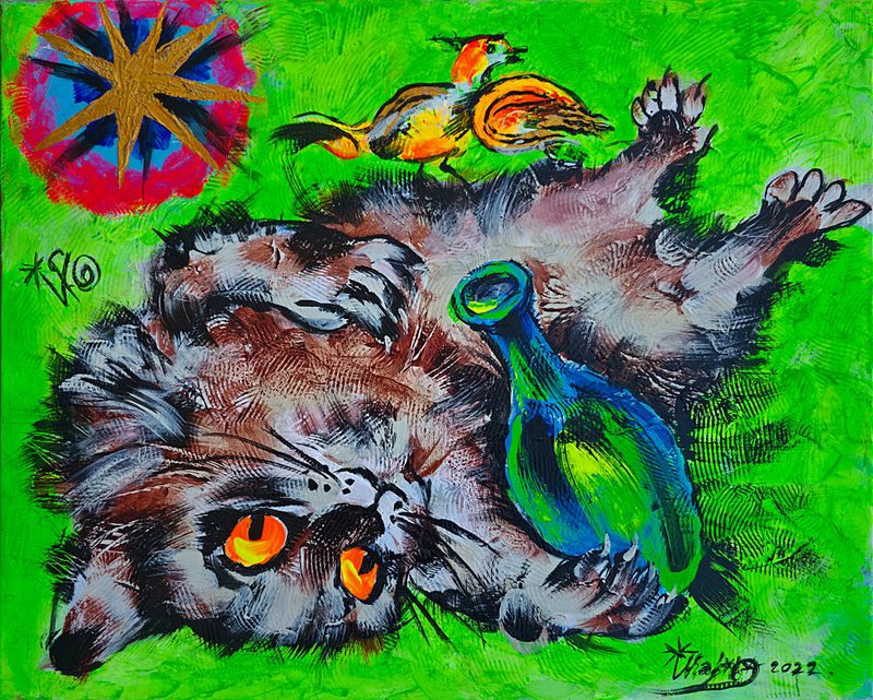Playful Cat and Bird art print by Kanat Ibragimov for $57.95 CAD