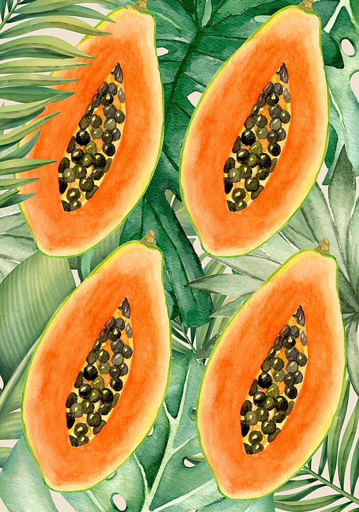 Exotic Papaya and Lush Green Leaves Aesthetic Pattern - Tropical Botanical Watercolor art print by Elizabeth C for $57.95 CAD