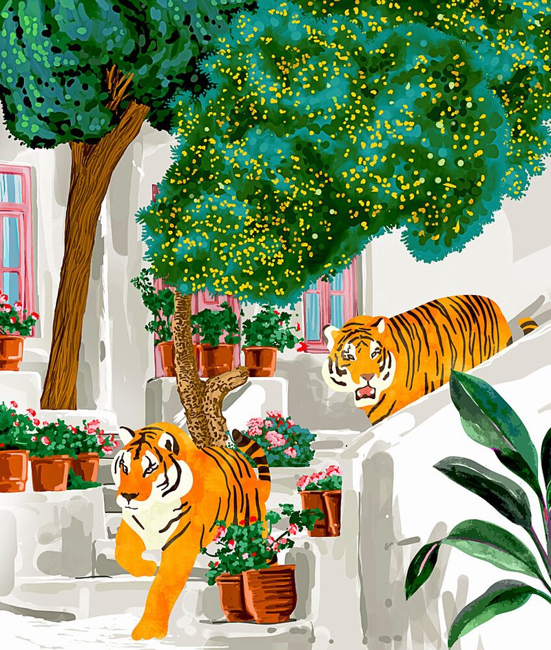 Tigers in a Village Garden art print by Uma Gokhale for $57.95 CAD