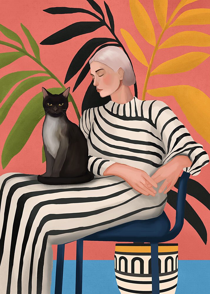 Elegant Woman and Cat art print by City Art for $57.95 CAD