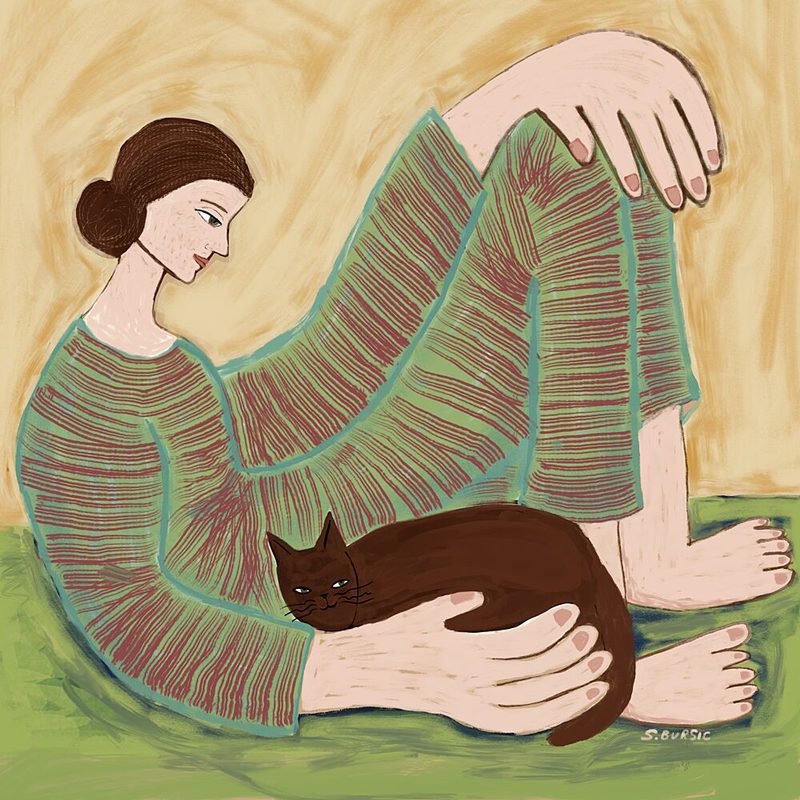 Woman Cuddling Cat art print by Sharyn Bursic for $57.95 CAD