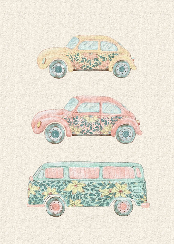 Floral Retro Cars art print by Olena Kovalova for $57.95 CAD