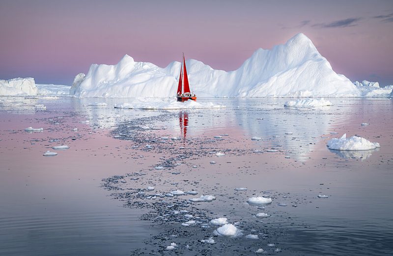 Red Sailboat Pink Sky art print by Qiang LI for $57.95 CAD