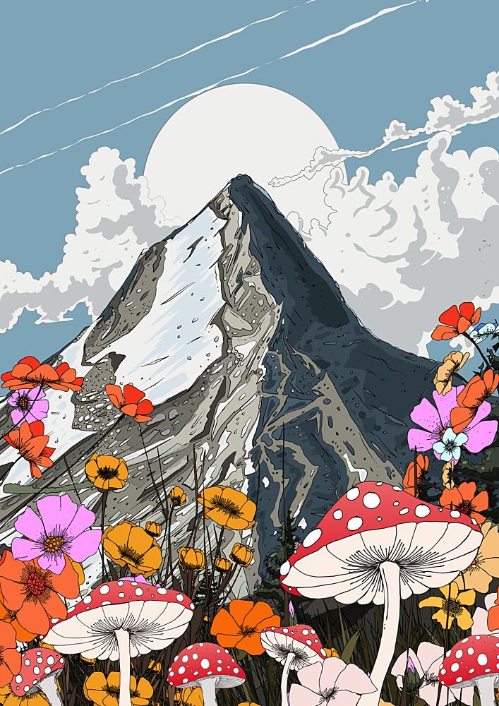 Vibrant Mountain Mushroom Meadow art print by Nicholas for $57.95 CAD