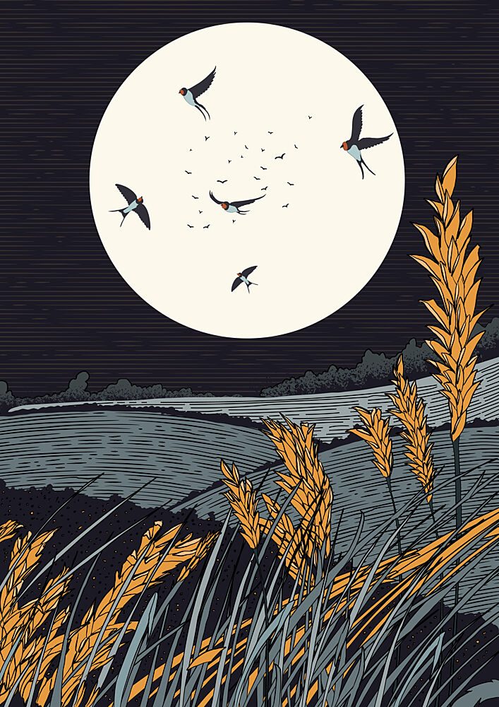 Swallows over Moonlit Field art print by Nicholas for $57.95 CAD