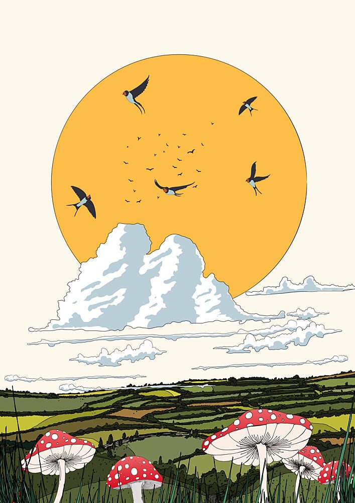 Mushroom Fields Flying Swallows art print by Nicholas for $57.95 CAD