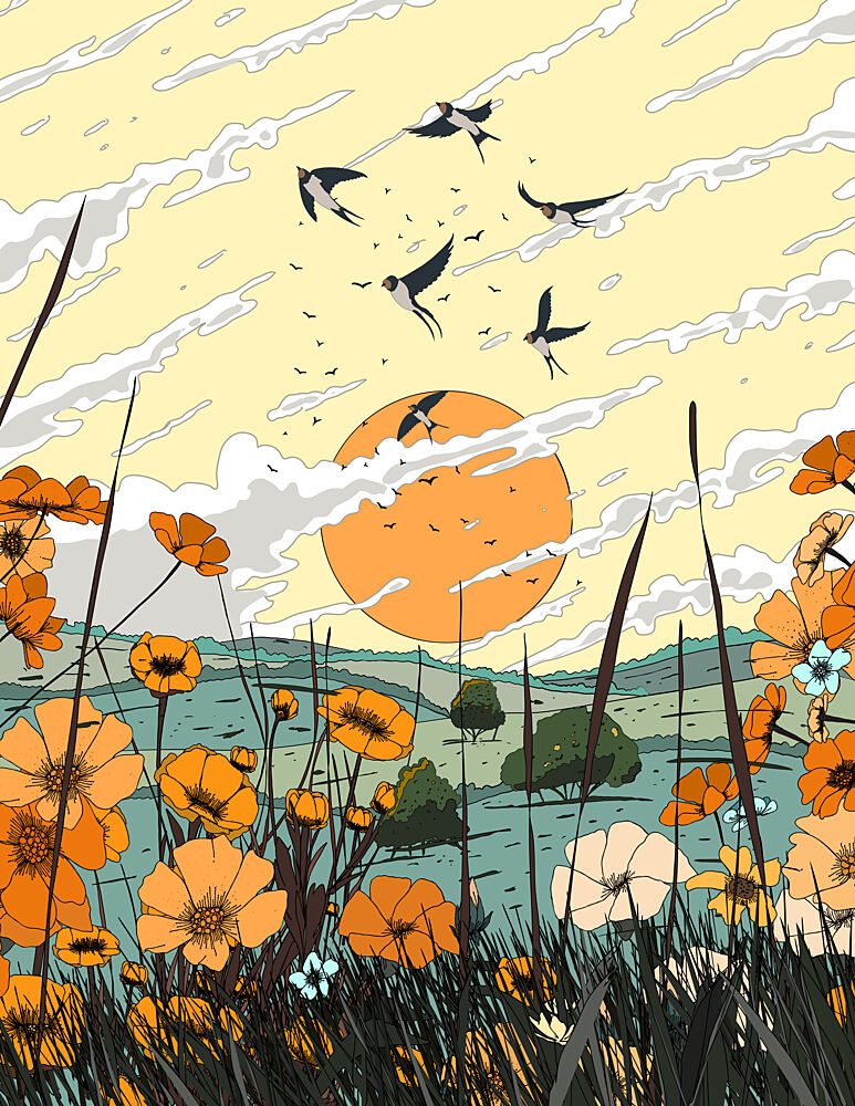 Swallows over Wildflowers art print by Nicholas for $57.95 CAD