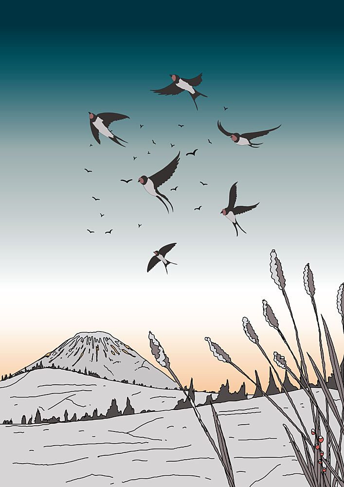Serene Swallows Winter Mountain art print by Nicholas for $57.95 CAD