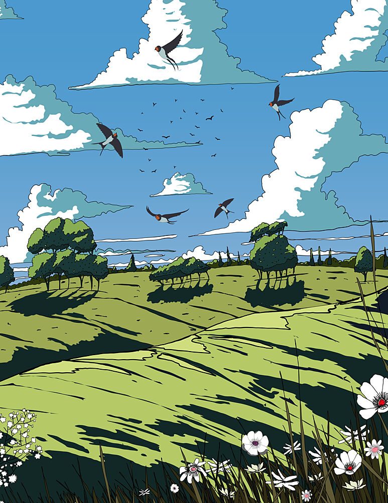 Vibrant Hillside Swallows art print by Nicholas for $57.95 CAD