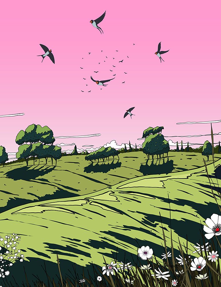 Swallows Flying Pink Sky art print by Nicholas for $57.95 CAD