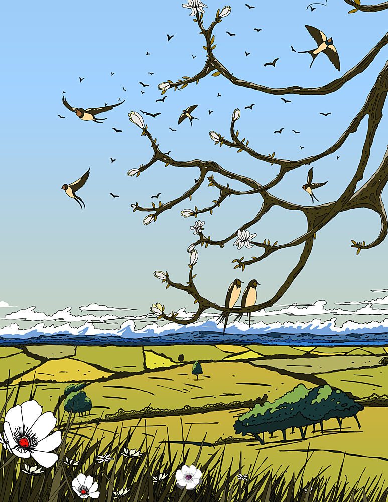 Swallows over Spring Fields art print by Nicholas for $57.95 CAD