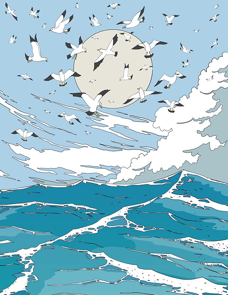 Gulls Soaring Ocean Moon art print by Nicholas for $57.95 CAD