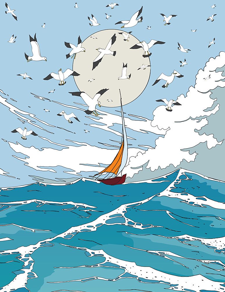 Sailboat under Flying Seagulls art print by Nicholas for $57.95 CAD